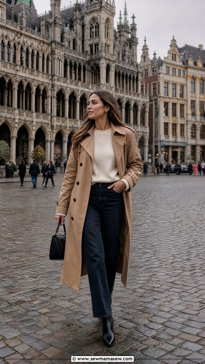 Camel Trench Coat with Straight Leg Jeans and Ankle Boots - 25 Brussels outfit ideas