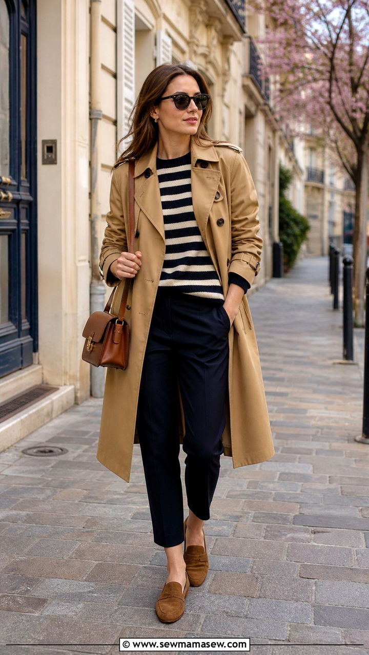 Camel Trench Coat with Striped Sweater and Cropped Trousers - 40 casual trench coat outfits