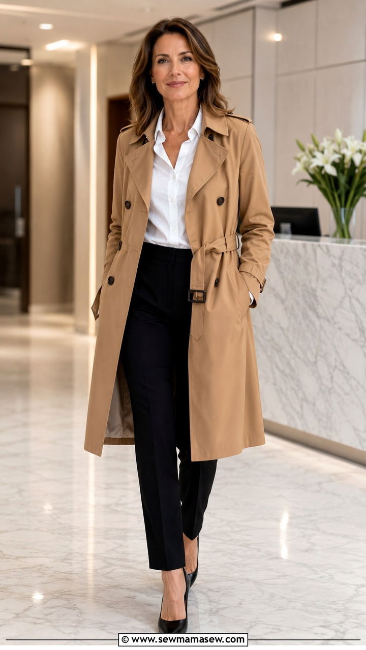 Camel Trench Coat with White Button Down and Tailored Trousers - 30 trench coat outfits for women over 40