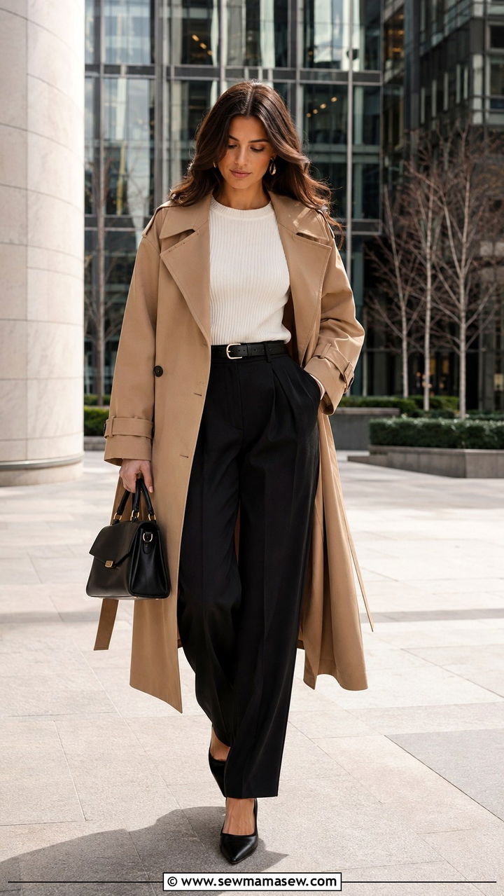 Camel Trench Coat with White Ribbed Sweater and Black Trousers - 30 Long trench coat outfit ideas with a sweater