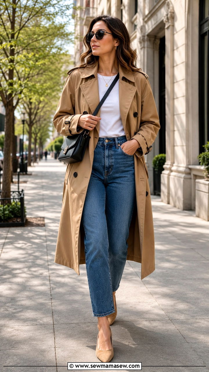 Camel Trench Coat with White Tee and Straight Leg Jeans - 20 Old money outfit ideas Gwyneth Paltrow