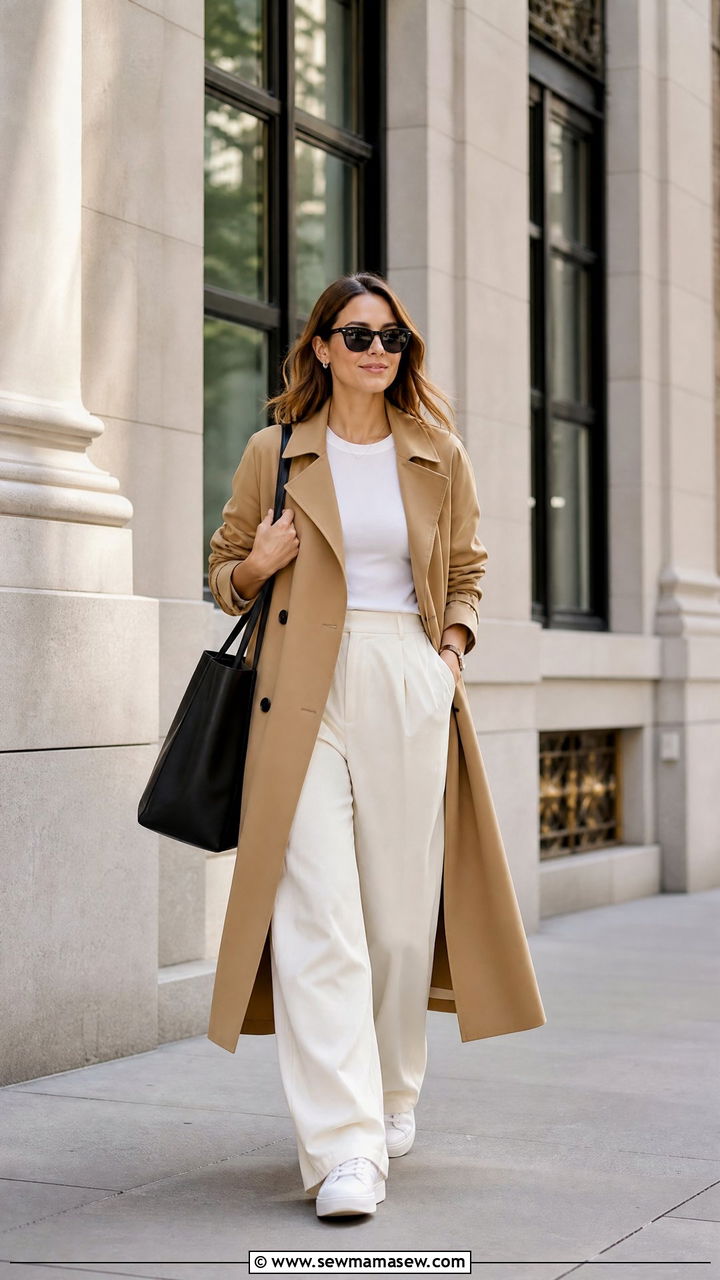 Camel Trench Coat with White Tee and Wide Leg Trousers - 25 casual classy outfits