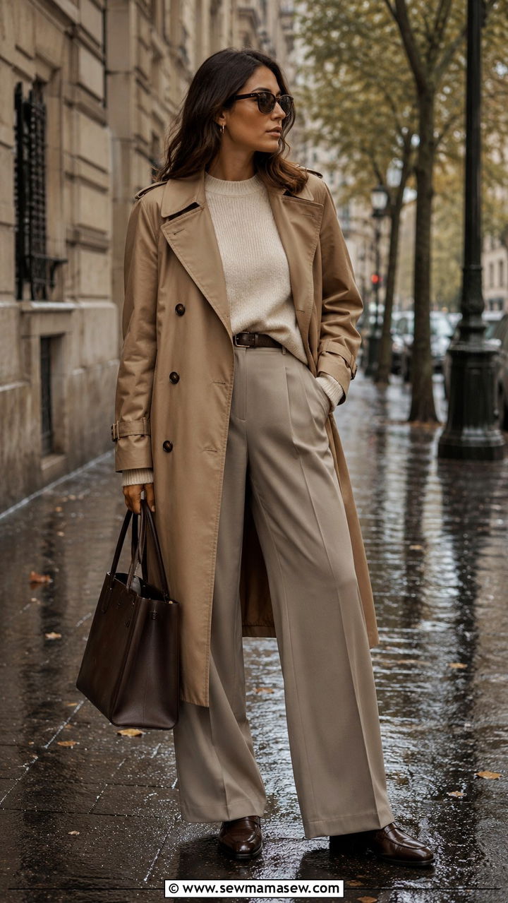 Camel Trench Coat with Wide Leg Trousers and Loafers - 30 classy rainy day outfits