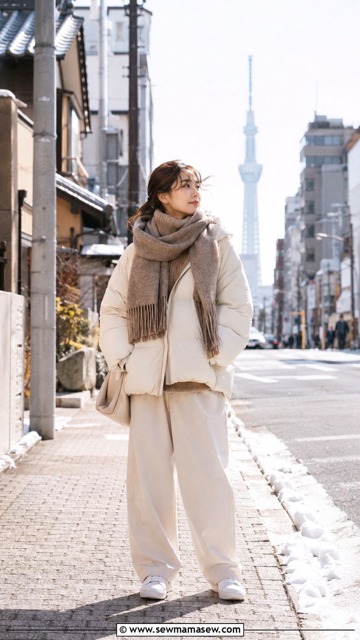 Camel Turtleneck Knit With Ivory Puffer Coat And Wide Leg Pants - 30 Tokyo vacation outfit ideas
