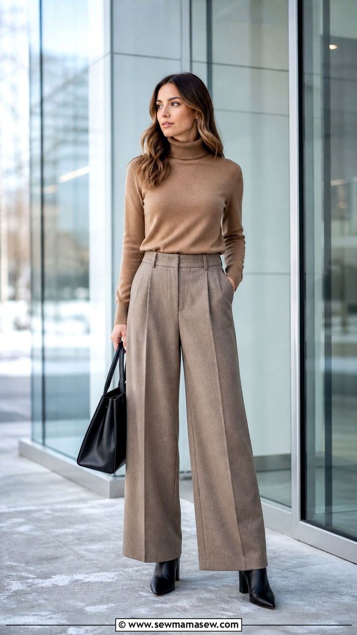 Camel Turtleneck With Wide Leg Wool Trousers and Ankle Boots - 40 First day of work outfits