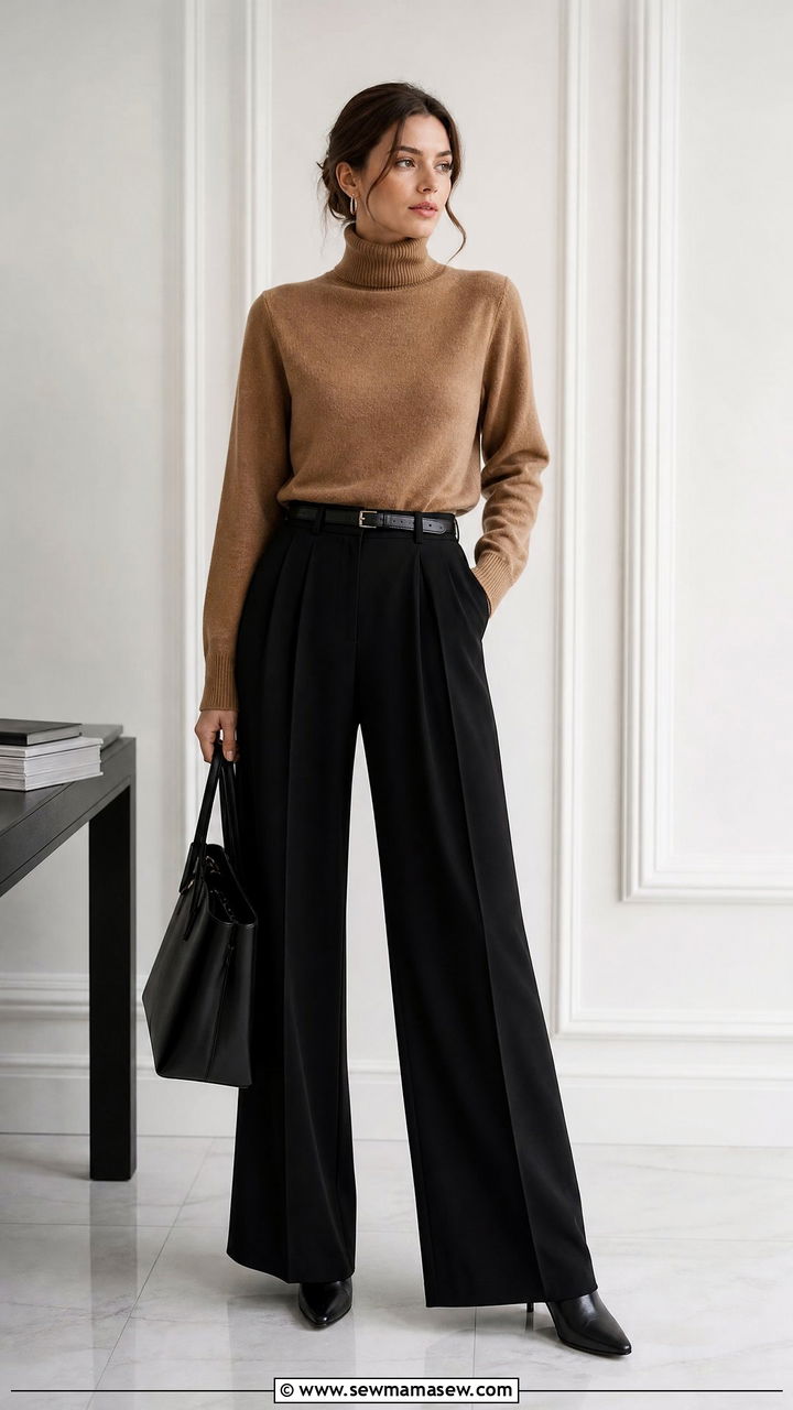 Camel Turtleneck and Black Wide Leg Trousers - 30 Dark academia work outfits