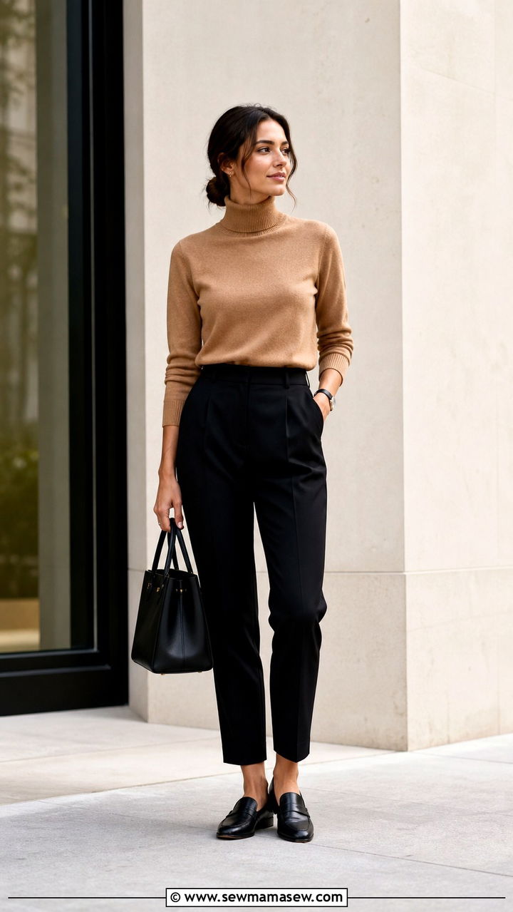 Camel Turtleneck with Black Trousers and Loafers - 40 Camel outfit ideas