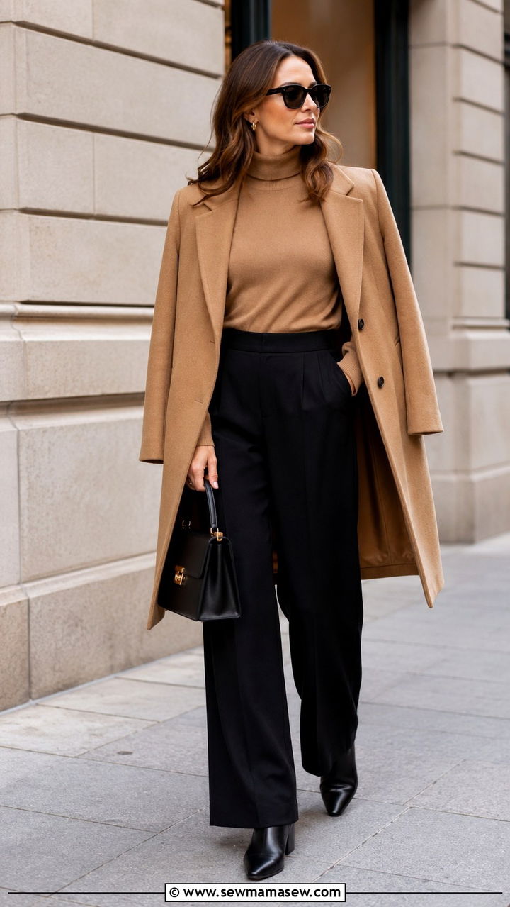 Camel Turtleneck with Black Wide Leg Pants - 30 casual outfits for women over 30