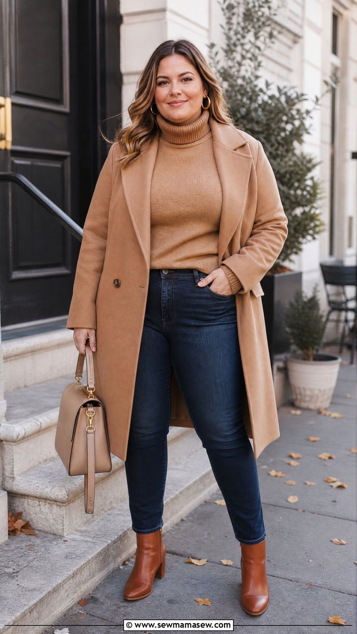 Camel Turtleneck with Dark Denim and Wool Coat - 30 Plus size brunch outfits