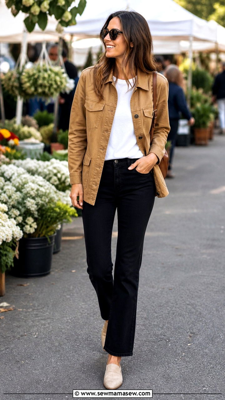 Camel Utility Jacket With a White Tee and Black Jeans - 40 casual black jeans outfits