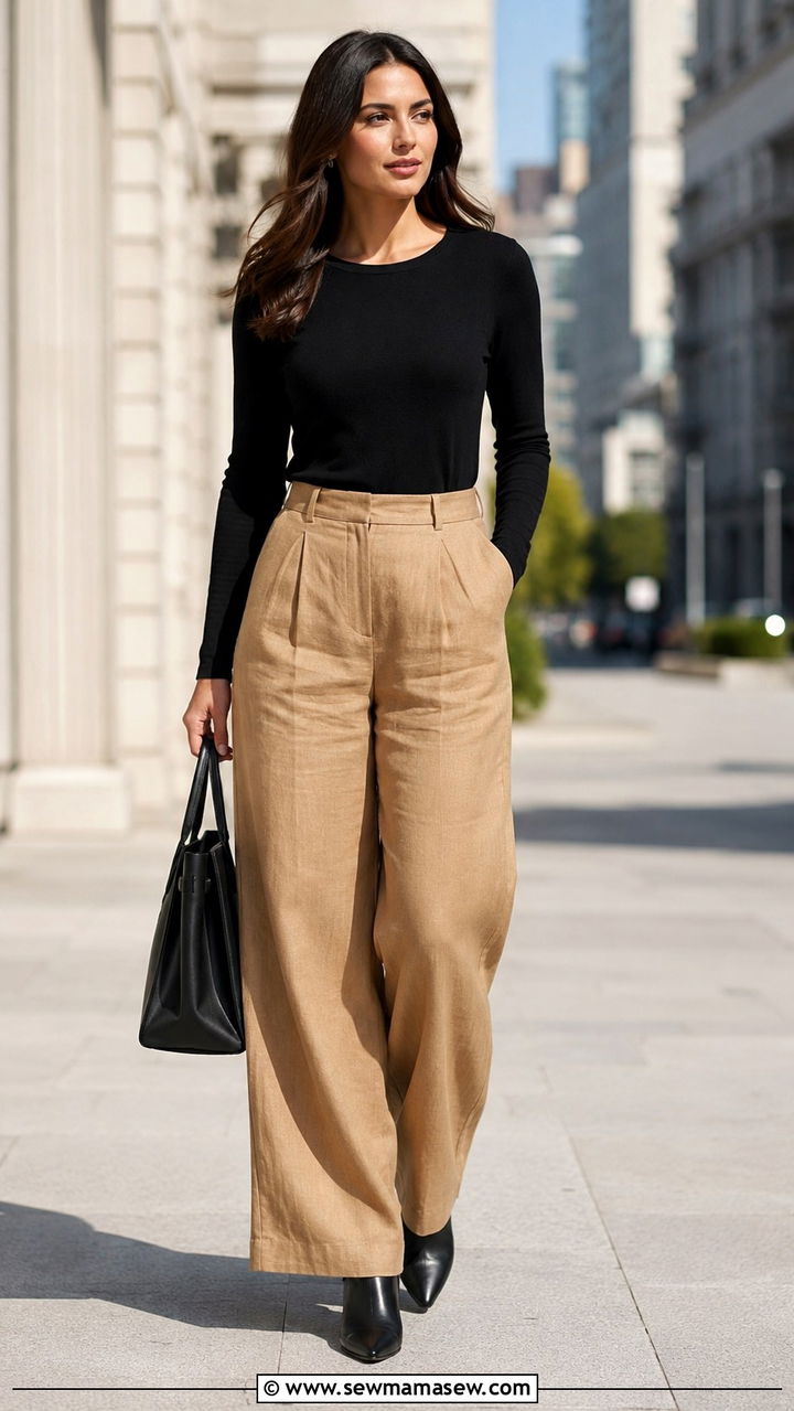 Camel Wide Leg Linen Pants With Black Sweater - 25 Wide leg linen pants outfit ideas with a sweater