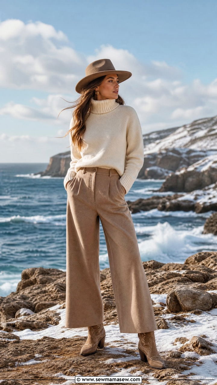 Camel Wide Leg Trousers with Cream Wool Sweater - 30 coastal cowgirl capsule wardrobe outfits
