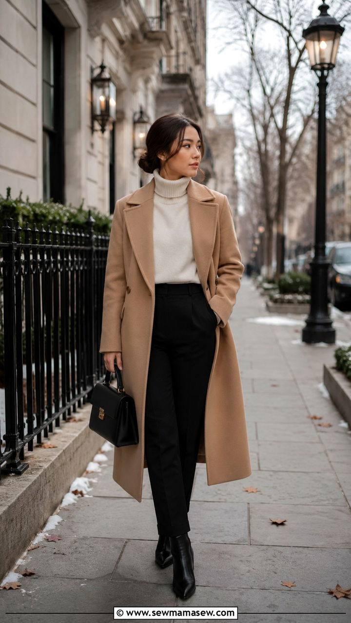 Camel Wool Coat Layered Over Cream Turtleneck and Black Trousers for Petites - 30 Old money outfit ideas petite