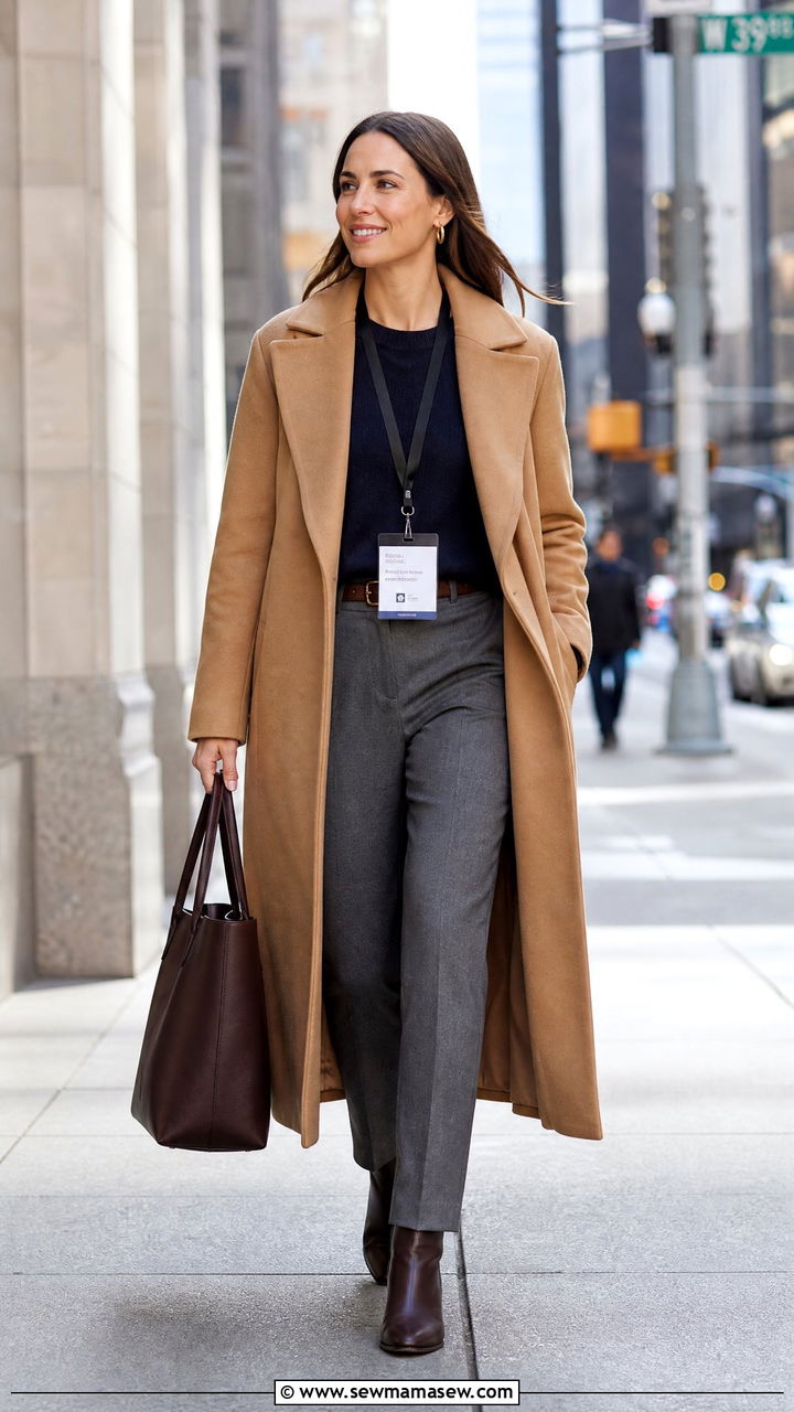 Camel Wool Coat Over A Navy Sweater And Gray Trousers - 30 Marketer outfit ideas