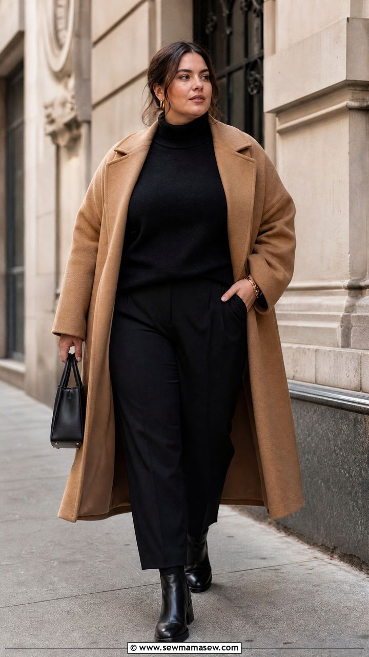 Camel Wool Coat Over All Black Plus Size Outfit - 25 Quiet luxury outfit ideas plus size