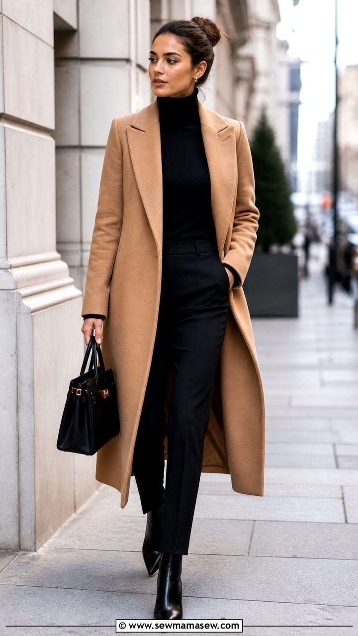Camel Wool Coat Over Black Turtleneck And Tailored Trousers - 40 Timeless outfit ideas