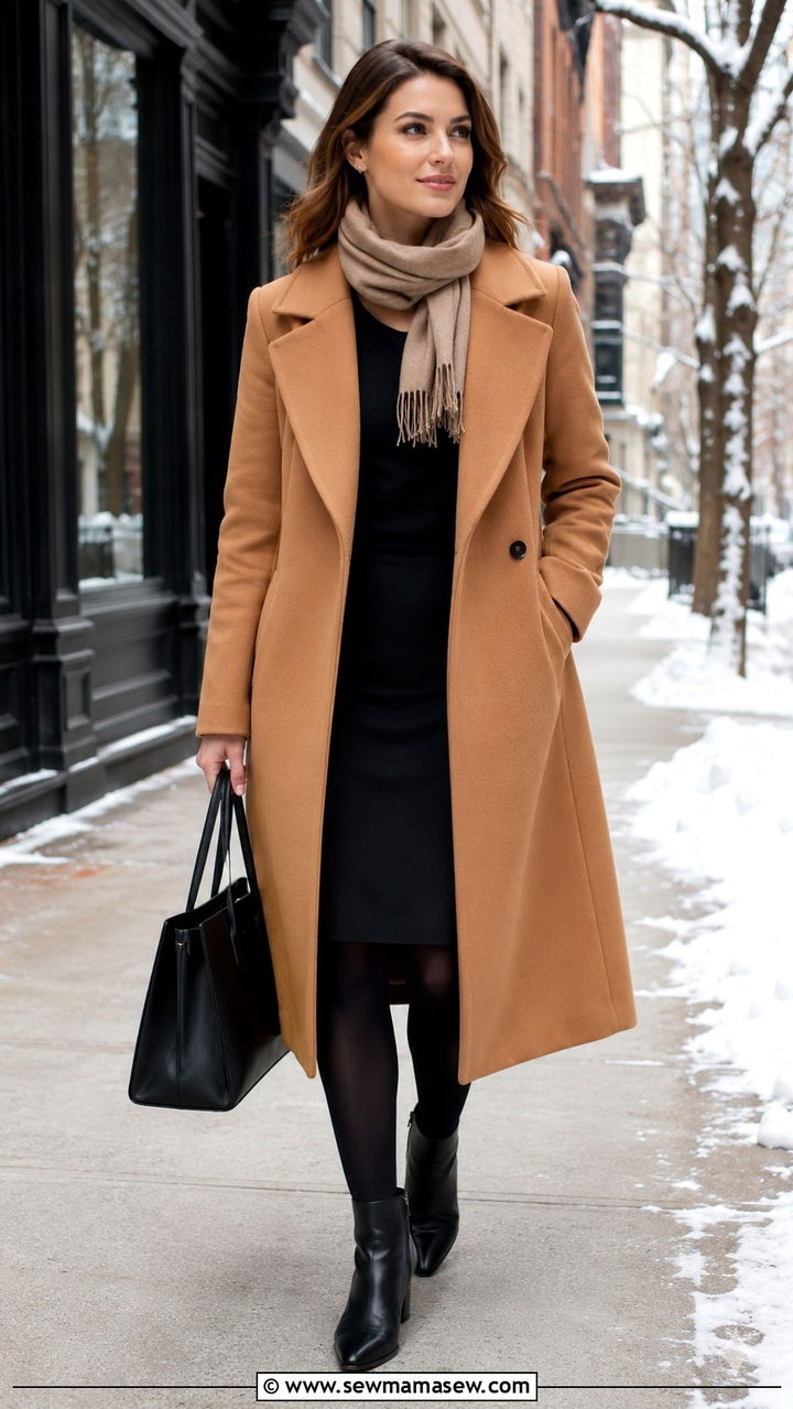 Camel Wool Coat Over Black Work Dress - 20 Banker outfit ideas