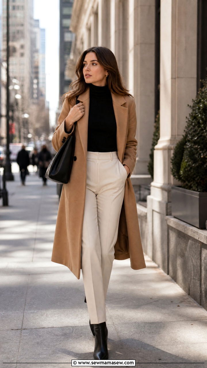 Camel Wool Coat Over Cream Trousers - 25 Investment banker outfit ideas