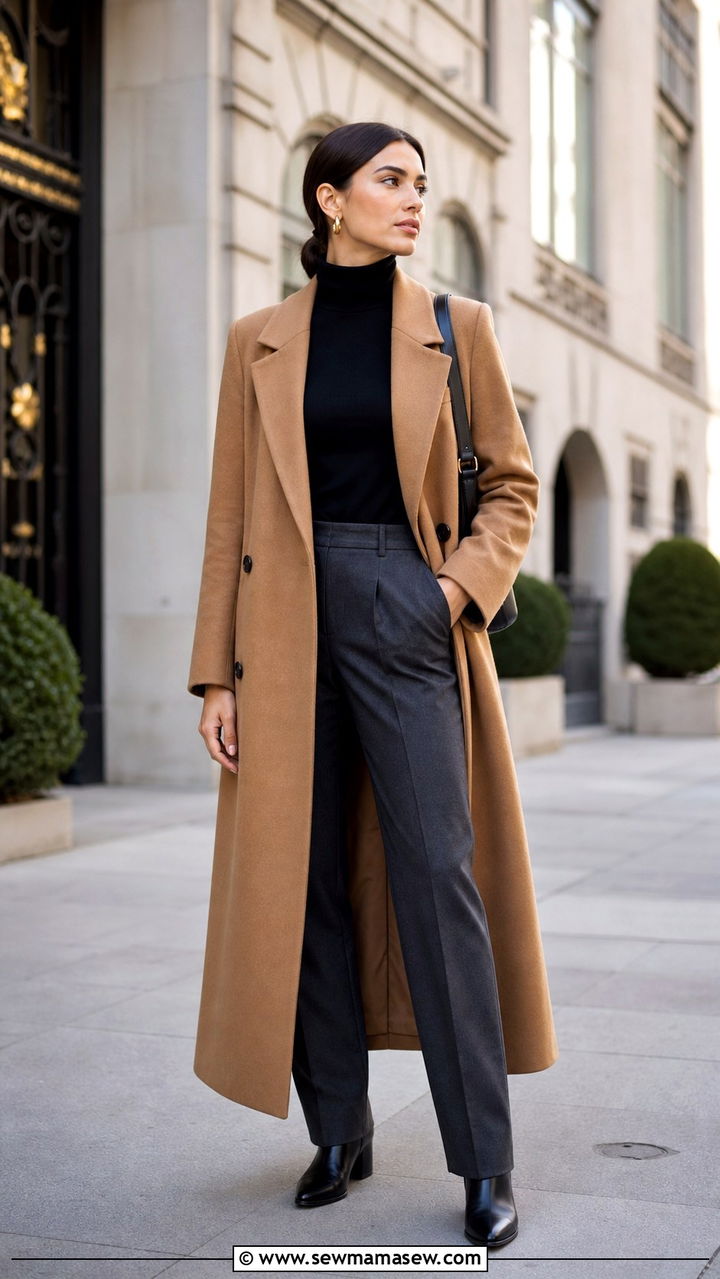 Camel Wool Coat Over Turtleneck And Trousers - 40 old money outfits for women