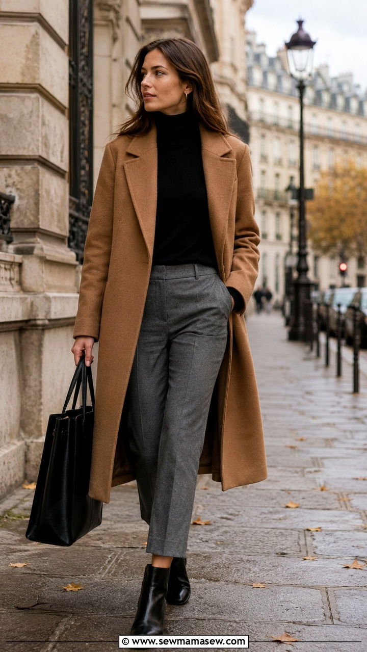 Camel Wool Coat With A Black Turtleneck And Cropped Grey Trousers - 30 Parisian work outfits