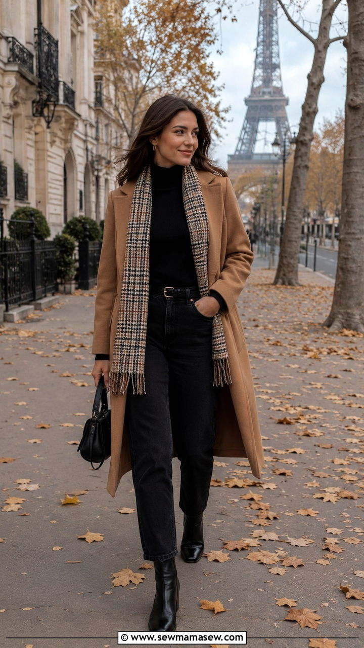 Camel Wool Coat With Black Turtleneck And Ankle Boots - 30 Paris outfits inspo