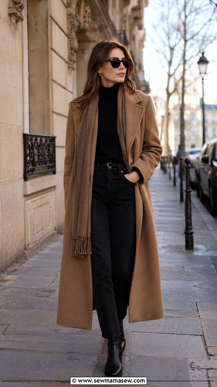 Camel Wool Coat With Black Turtleneck and Chelsea Boots - 30 parisian capsule wardrobe outfits