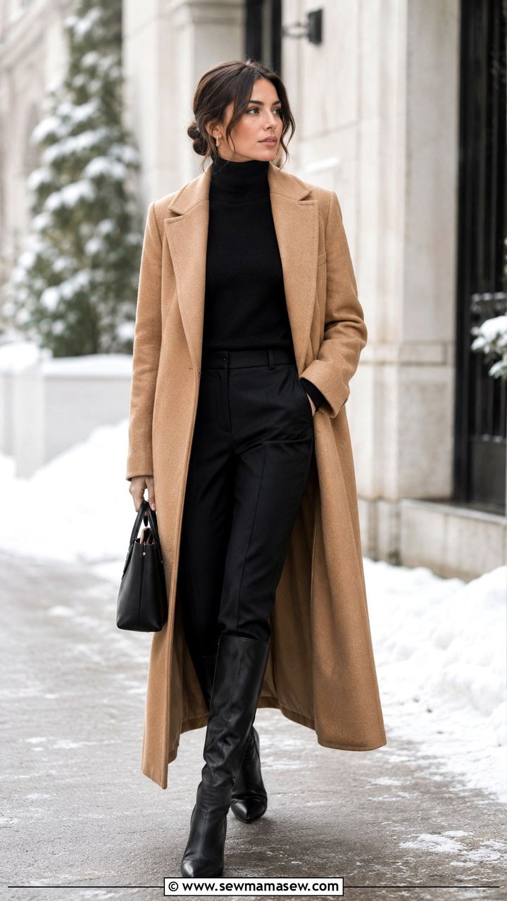 Camel Wool Coat With Black Turtleneck and Trousers - 20 Quiet luxury outfit ideas Celine Old style