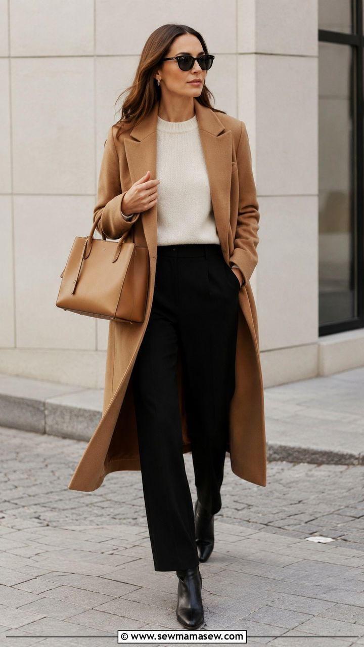 Camel Wool Coat With Cream Knit - 30 Scandi minimalist outfit ideas