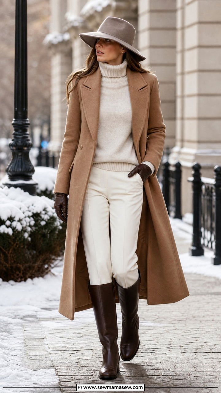 Camel Wool Coat With Cream Turtleneck And Wide Brim Felt Hat - 25 Old money outfit ideas with wide brim hat