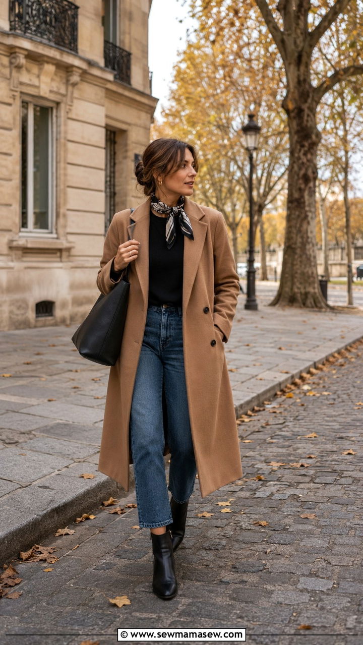 Camel Wool Coat With Cropped Jeans And Ankle Boots - 30 Parisian capsule wardrobe 2026