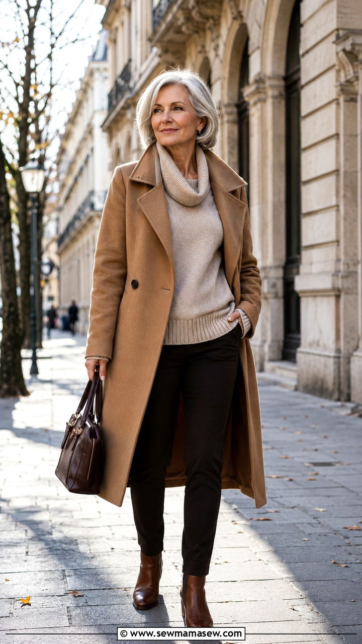 Camel Wool Coat With Tailored Layers Outfit - 25 Outfit ideas for women over 60 casual 2026