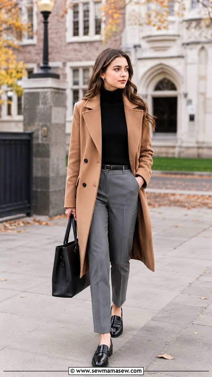 Camel Wool Coat With Turtleneck And Tailored Trousers - 30 classy college outfits