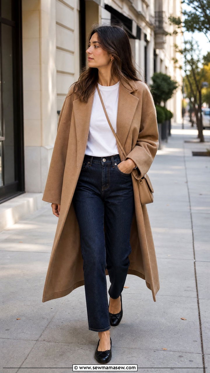 Camel Wool Coat With White T Shirt And Straight Leg Jeans - 25 Quiet luxury outfit ideas The Row style