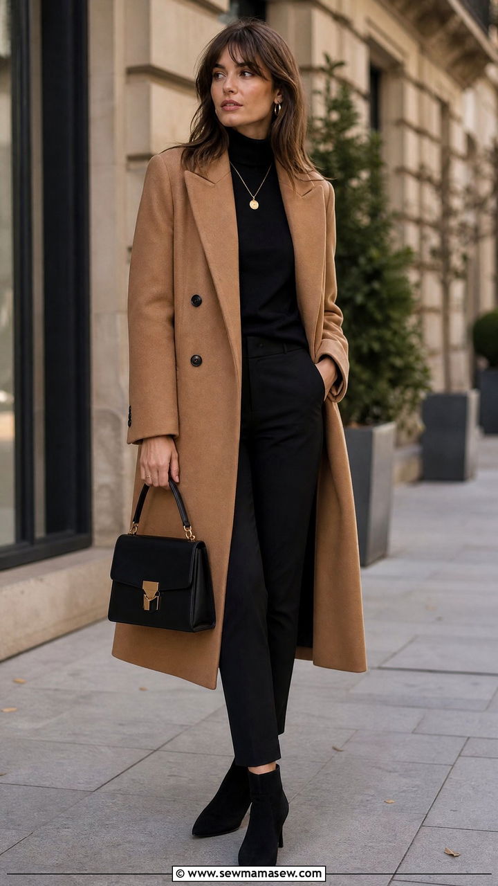 Camel Wool Coat and Black Cigarette Pants - 30 french girl capsule wardrobe outfits