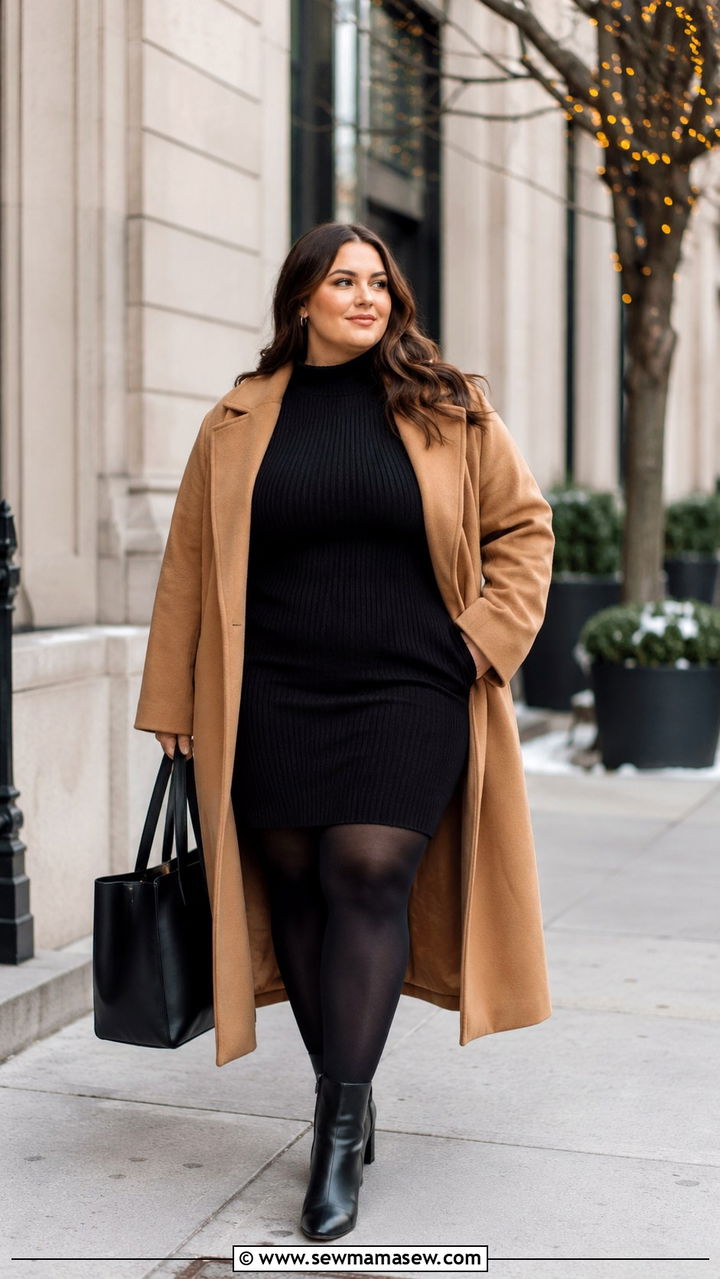 Camel Wool Coat and Black Knit Dress Outfit - 30 Minimalist outfit ideas plus size