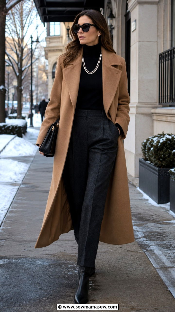 Camel Wool Coat and Black Turtleneck With Wool Trousers and Pearl Necklace - 25 Old money outfit ideas with pearls necklace