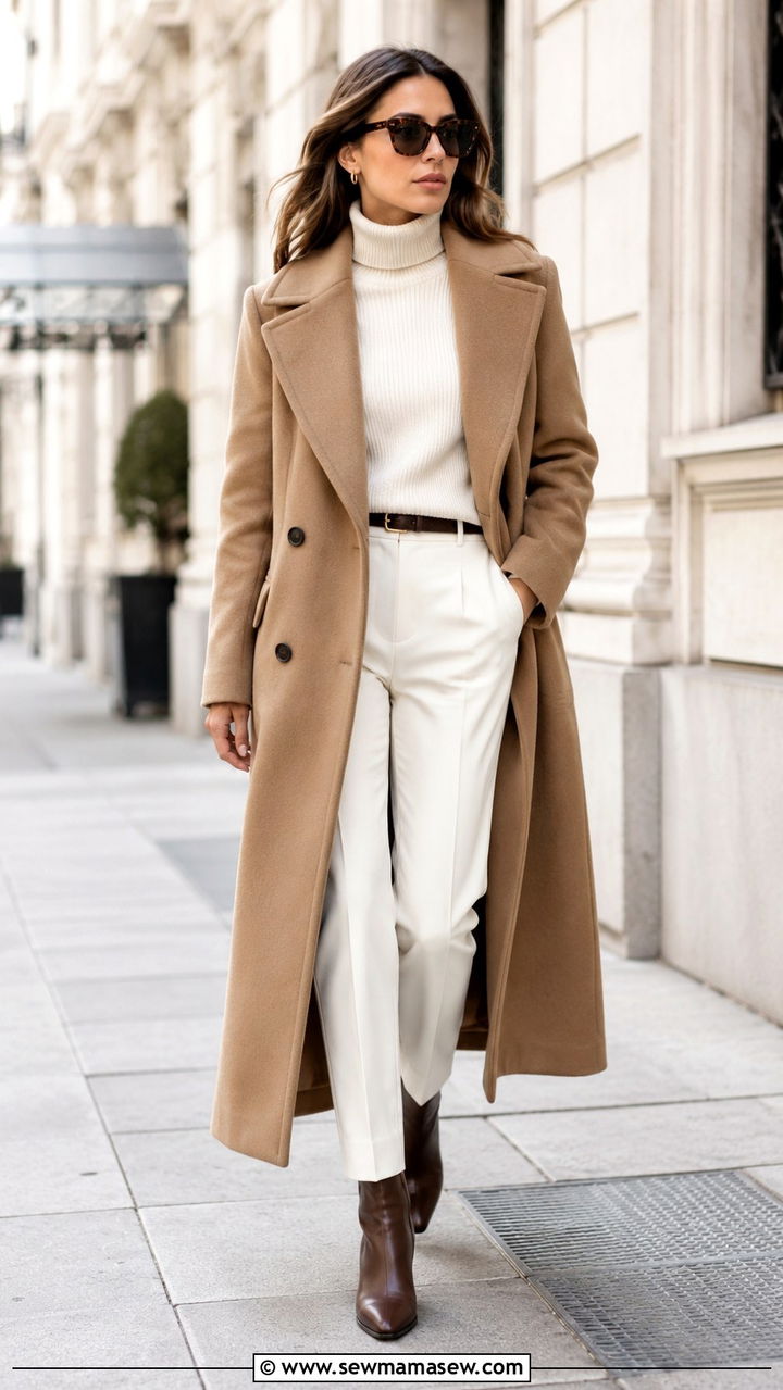 Camel Wool Coat and Cream Turtleneck Outfit - 20 Quiet luxury outfit ideas Succession Logan