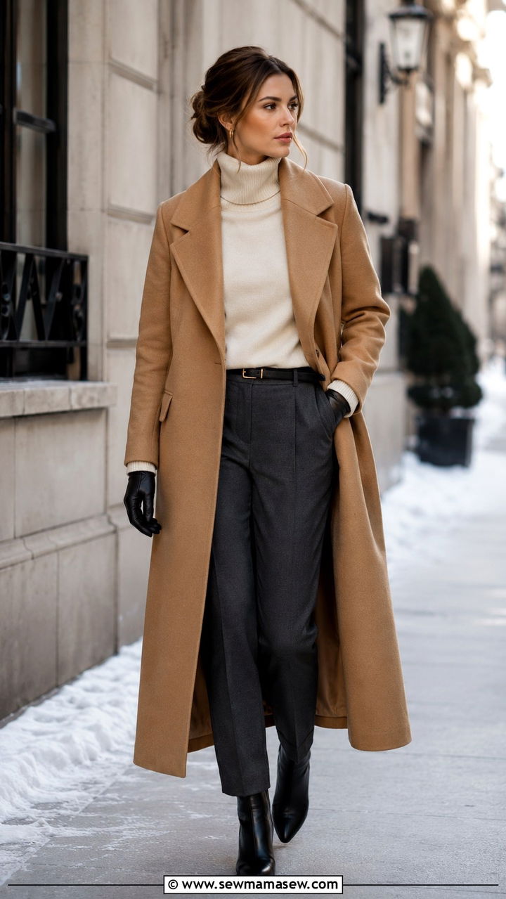 Camel Wool Coat and Cream Turtleneck - 30 old money outfits to copy