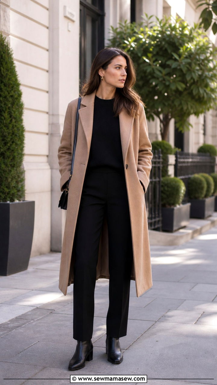 Camel Wool Coat with All Black Outfit - 40 jacket outfits for women