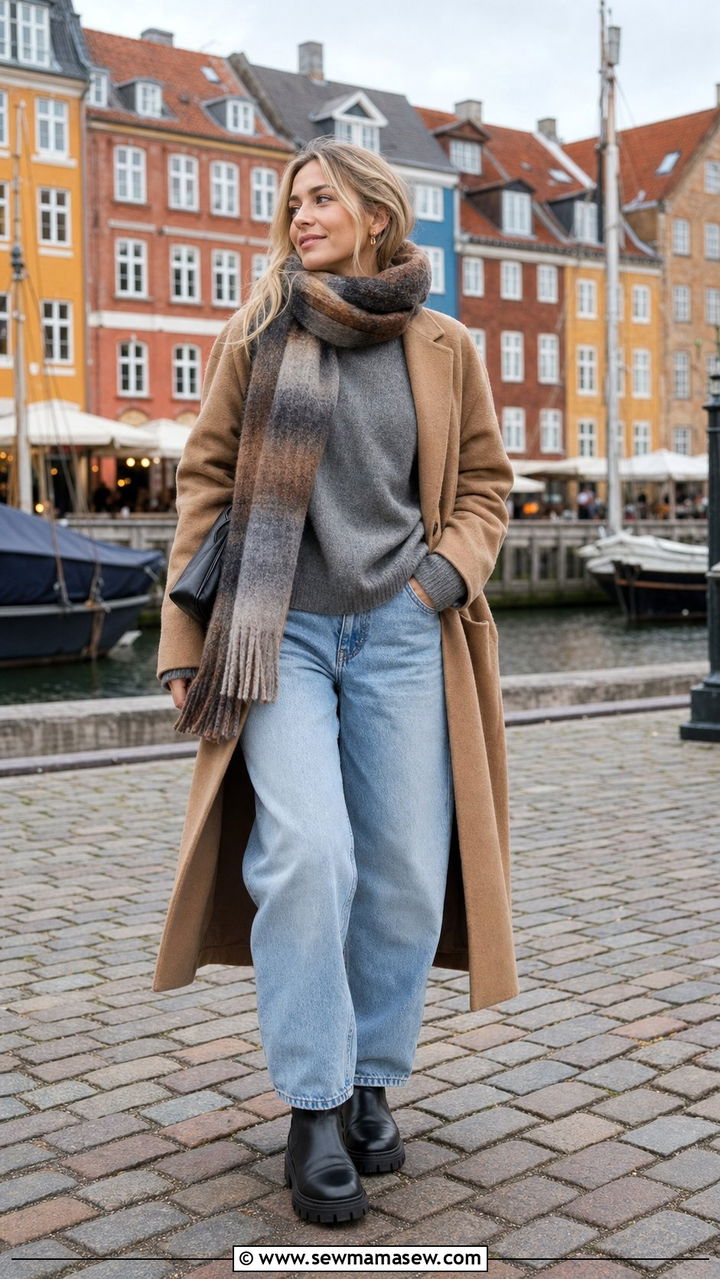 Camel Wool Coat with Baggy Jeans - 25 Copenhagen outfits inspo