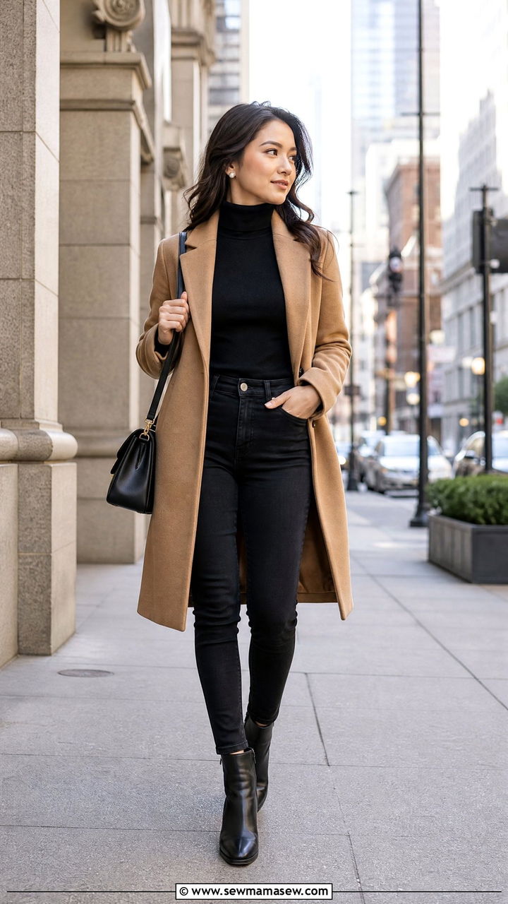 Camel Wool Coat with Black Turtleneck and Black Skinny Jeans - 30 Clean girl outfits for petite women