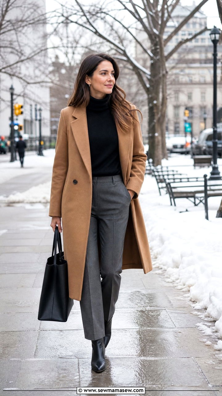 Camel Wool Coat with Black Turtleneck and Grey Wool Trousers - 30 job interview outfits for women over 40