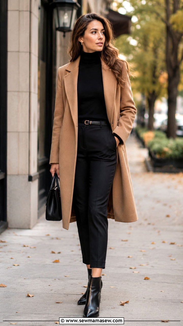 Camel Wool Coat with Black Turtleneck and Slim Crop Trousers - 30 business casual outfits aesthetic