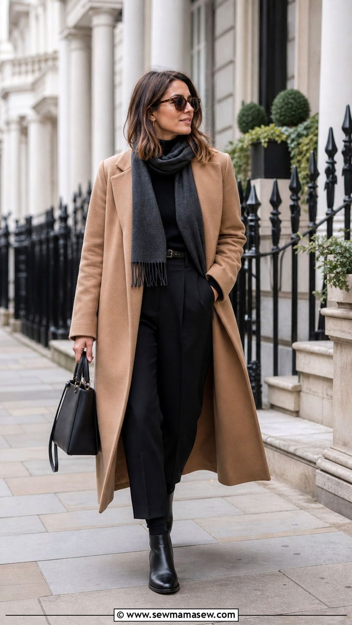 Camel Wool Coat with Black Turtleneck and Tailored Trousers Outfit - 40 What to wear in London