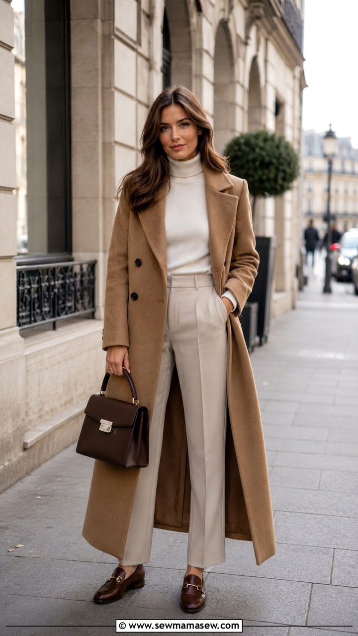 Camel Wool Coat with Cream Turtleneck and Tailored Trousers - 30 old money outfits inspo