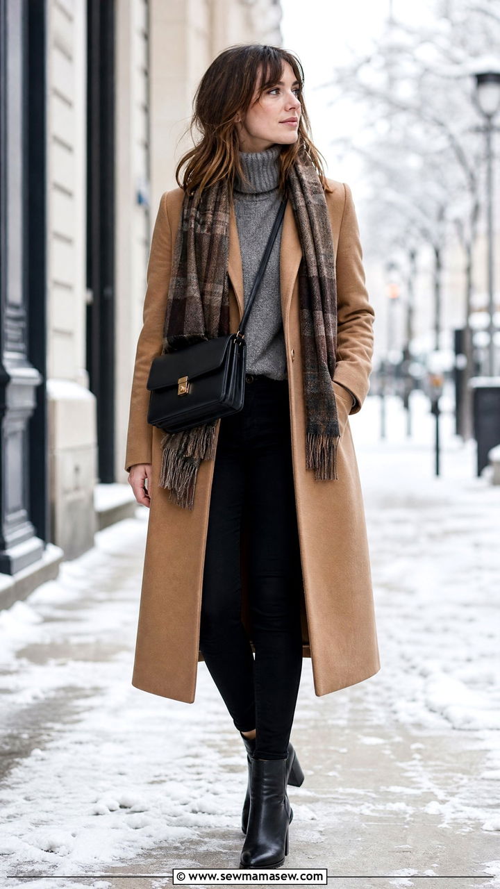 Camel Wool Coat with Grey Turtleneck and Black Skinny Jeans - 30 French girl outfit ideas minimalist