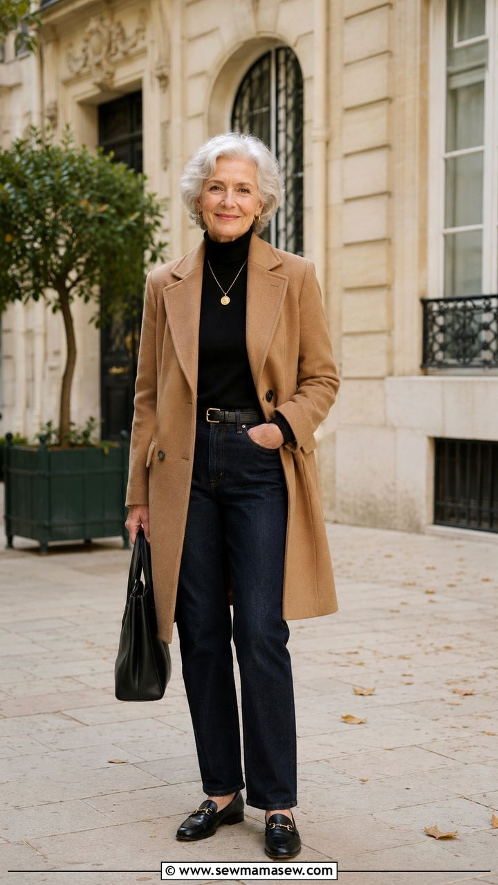 Camel Wool Coat with Jeans Outfit - 30 Parisian outfits for women over 60