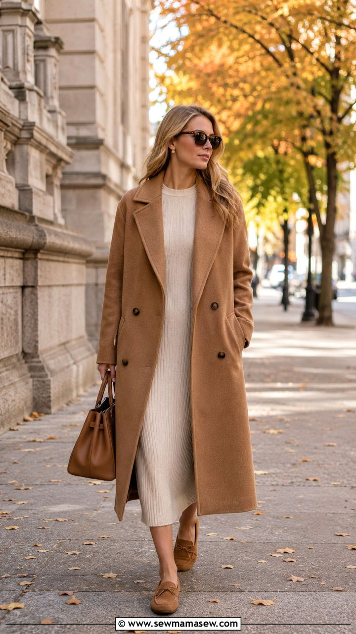 Camel Wool Coat with Knit Dress - 25 Old money outfit ideas with driving loafers