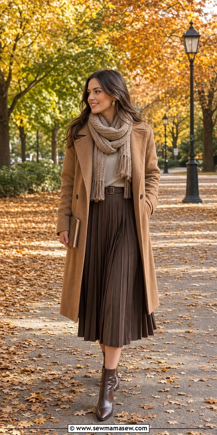 Camel Wool Coat with Knit Scarf and Pleated Midi Skirt - 25 classy light academia outfits