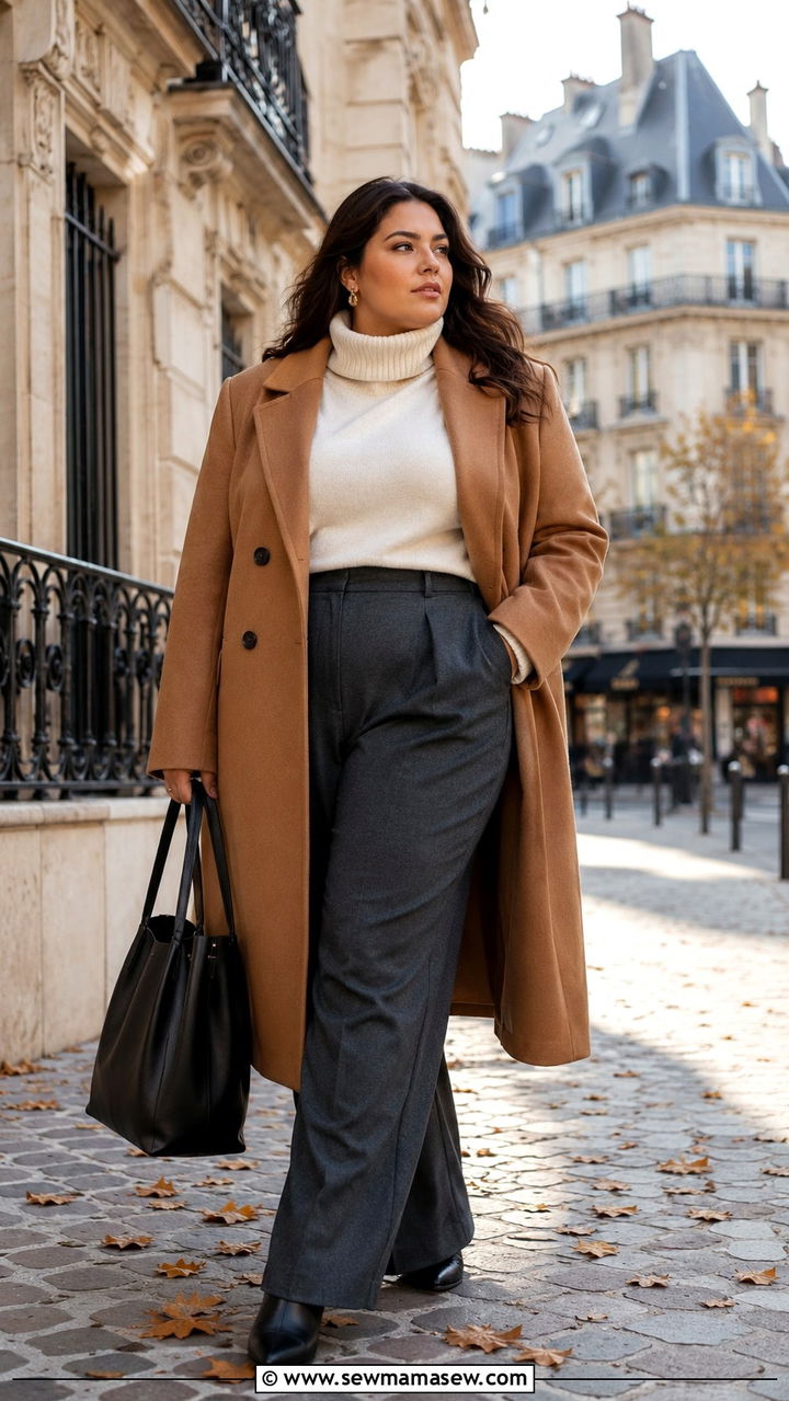Camel Wool Tailored Coat with Wide Leg Trousers - 25 Plus size outfit ideas Parisian